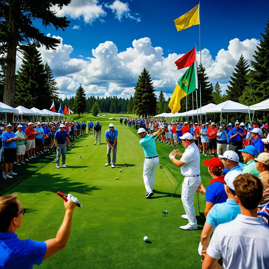 A lively golf tournament scene at Overlake, featuring diverse groups of players and spectators engaged in the game. Vibrant green fairways, a blue sky dotted with fluffy clouds, and flags waving in the breeze add to the energetic atmosphere. Include golfers in action, capturing the spirit of competition and camaraderie. Showcase a crowd cheering and enjoying refreshments in the background. super-realistic. vibrant colors.