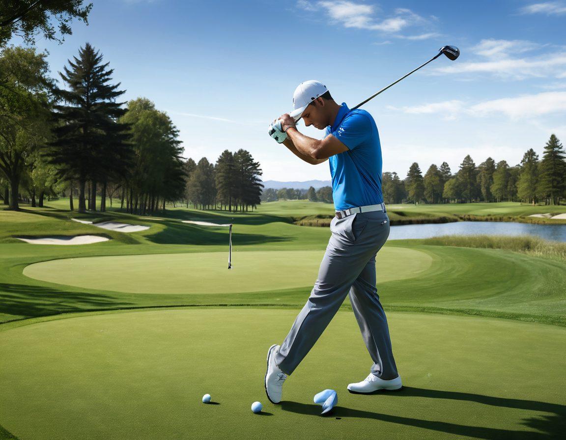 A dynamic golfer in mid-swing, showcasing perfect form against a lush, green golf course with a bright blue sky. Include the Overlake Golf Club logo subtly in the corner. Surround the scene with tips visually illustrated as icons, such as swing mechanics and putting techniques. Capture a sense of action and improvement. super-realistic. vibrant colors. 3D.